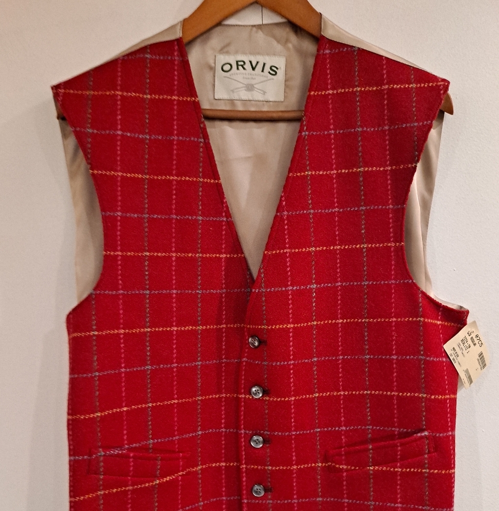 Orvis/Harry Tweeter Wool VTG USA Red Plaid Grandpa Holiday LG Mens Vest NWT